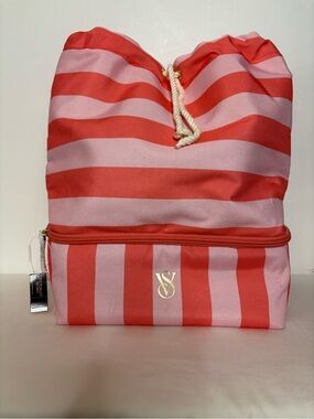 Victoria's Secret Coral & Light Pink Striped Drawstring Cosmetic Bag